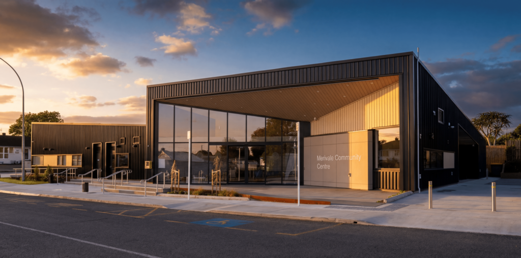 The Merivale Community Centre at dusk, with its angled entrance canopy and full height glazing lit from inside